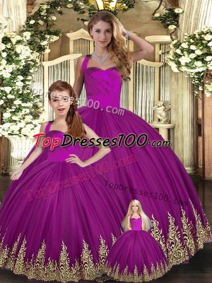 Modern Floor Length Lace Up Quinceanera Gowns Fuchsia for Military Ball and Sweet 16 and Quinceanera with Embroidery