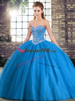 Custom Design Baby Blue Sweetheart Neckline Beading Sweet 16 Dress Sleeveless Lace Up