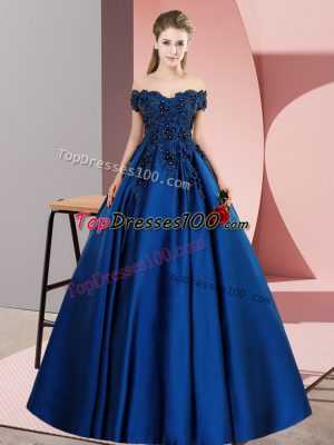 Stylish Satin Off The Shoulder Sleeveless Zipper Lace Quinceanera Dresses in Blue