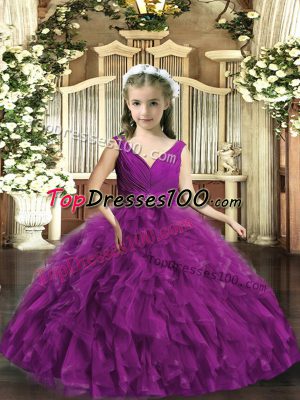 High End Eggplant Purple Little Girl Pageant Dress Party and Wedding Party with Beading and Ruffles V-neck Sleeveless Backless