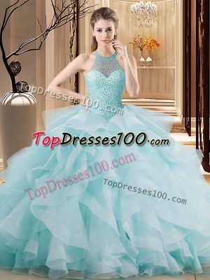 Spectacular Light Blue Sleeveless Embroidery and Ruffles Lace Up Vestidos de Quinceanera