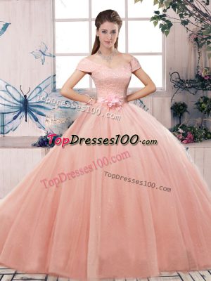 High Class Pink Short Sleeves Lace and Hand Made Flower Floor Length Sweet 16 Quinceanera Dress