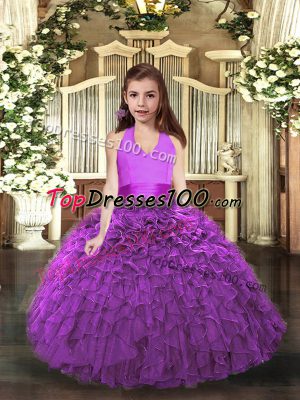 Eggplant Purple and Purple Organza Lace Up Halter Top Sleeveless Floor Length Child Pageant Dress Ruffles