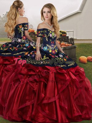 Custom Designed Red And Black Sleeveless Embroidery and Ruffles Floor Length 15th Birthday Dress