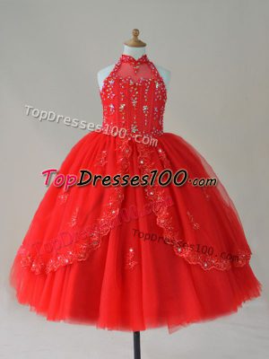 Nice Sleeveless Beading and Appliques Lace Up Kids Pageant Dress