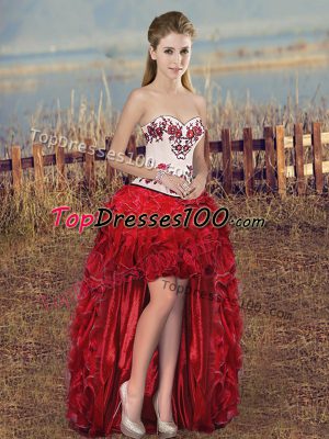 New Style High Low Lace Up Juniors Party Dress Red for Prom and Party with Embroidery and Ruffles