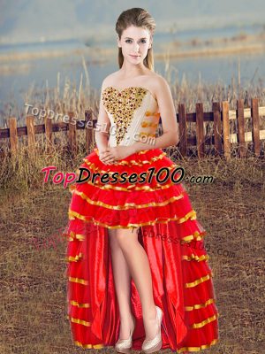Luxurious Red Organza Lace Up Sweetheart Sleeveless High Low Evening Outfits Beading and Ruffled Layers