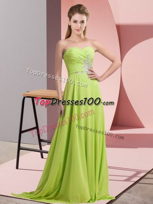 Spectacular Yellow Green Sweetheart Neckline Beading and Ruching Prom Evening Gown Long Sleeves Lace Up