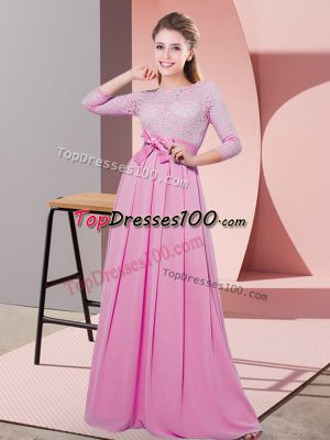 Lovely Rose Pink Side Zipper Scoop Lace and Belt Dama Dress for Quinceanera Chiffon 3 4 Length Sleeve