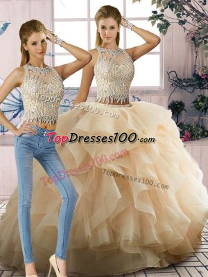 Simple Champagne Tulle Zipper Scoop Sleeveless Floor Length Quinceanera Dresses Beading and Ruffles