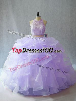 Top Selling Lavender Backless Halter Top Beading and Ruffles Sweet 16 Dresses Organza Sleeveless Brush Train