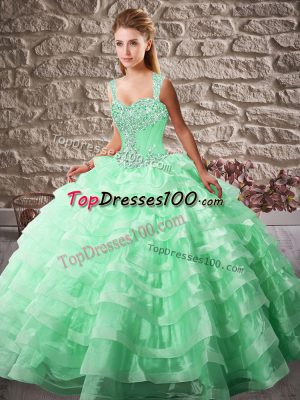 Apple Green Quinceanera Gown Straps Sleeveless Court Train Lace Up