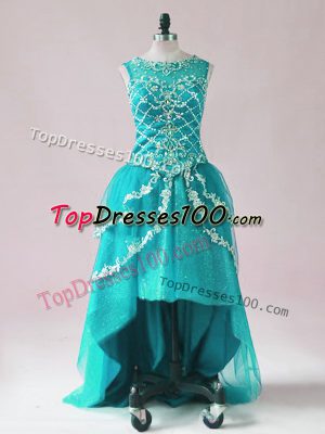 Fashion Sleeveless High Low Beading and Appliques Zipper Pageant Dress Toddler with Teal