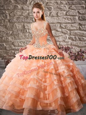 Customized Court Train Ball Gowns Sweet 16 Dress Orange Straps Organza Sleeveless Lace Up
