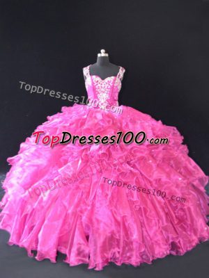 Beautiful Fuchsia Organza Lace Up Ball Gown Prom Dress Sleeveless Floor Length Beading and Ruffles