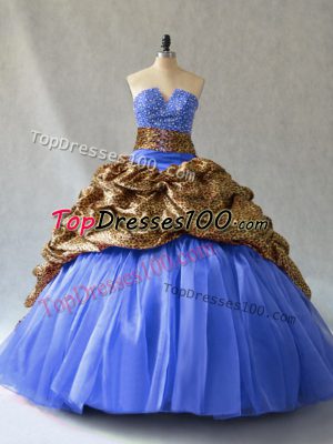 High Quality Organza and Printed Sleeveless Quinceanera Gowns Brush Train and Beading and Pick Ups