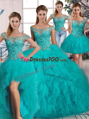 Hot Selling Tulle Off The Shoulder Long Sleeves Brush Train Lace Up Beading and Ruffles Quinceanera Gown in Aqua Blue