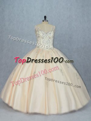 Simple Sleeveless Lace Up Floor Length Beading 15 Quinceanera Dress