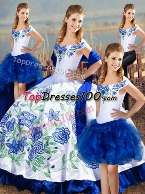Elegant Blue And White Lace Up Quinceanera Dress Embroidery Sleeveless Floor Length