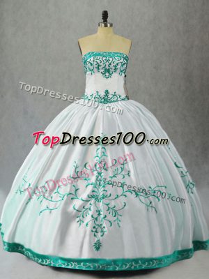 Floor Length Ball Gowns Sleeveless White Quince Ball Gowns Lace Up