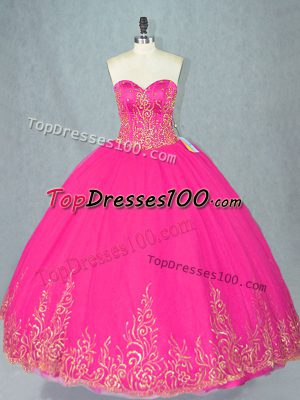 High Quality Tulle Sweetheart Sleeveless Lace Up Beading Quince Ball Gowns in Fuchsia