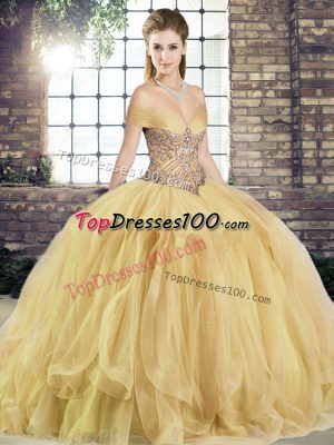 Custom Made Gold Sleeveless Beading and Ruffles Floor Length Sweet 16 Dresses