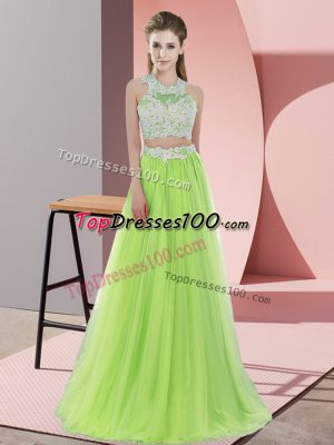 High Quality Tulle Halter Top Sleeveless Zipper Lace Court Dresses for Sweet 16 in Yellow Green