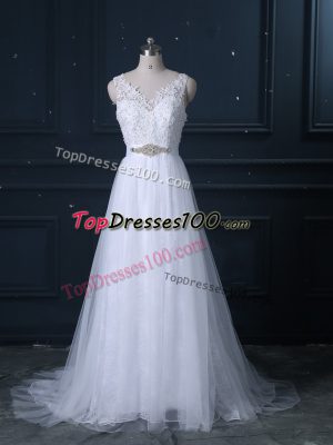 Spectacular White Empire V-neck Sleeveless Lace Brush Train Backless Beading and Lace Wedding Dresses
