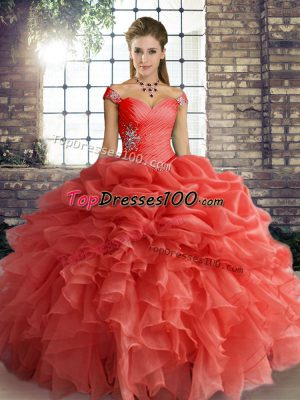 Top Selling Off The Shoulder Sleeveless Lace Up Quinceanera Dresses Orange Red Organza
