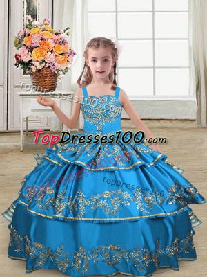 Blue Straps Neckline Embroidery and Ruffled Layers Little Girls Pageant Dress Sleeveless Lace Up