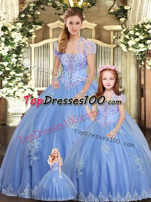 Floor Length Light Blue Quinceanera Gown Strapless Sleeveless Lace Up