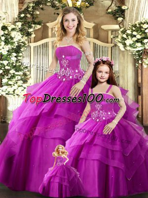 Sexy Beading Vestidos de Quinceanera Fuchsia Lace Up Sleeveless Floor Length