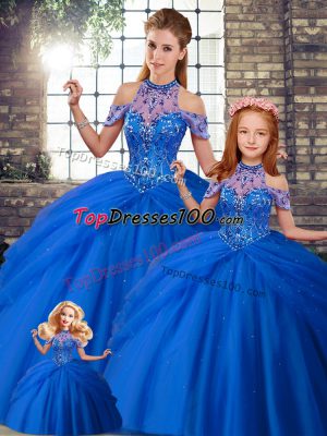 Stunning Blue Lace Up Halter Top Beading and Pick Ups Quinceanera Dress Tulle Sleeveless Brush Train