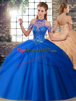 Colorful Blue Sweet 16 Quinceanera Dress Halter Top Sleeveless Brush Train Lace Up