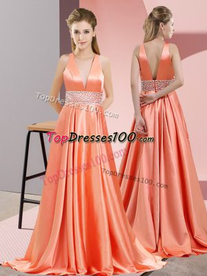 V-neck Sleeveless Brush Train Backless Prom Dress Orange Red Elastic Woven Satin