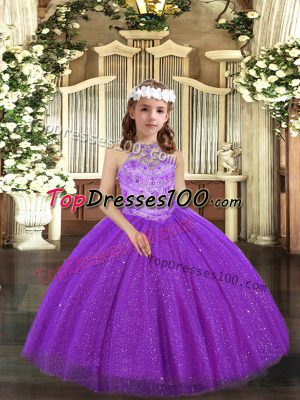 Affordable Purple Sleeveless Beading Floor Length Kids Pageant Dress