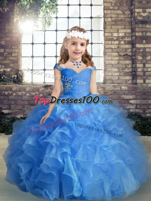Adorable Floor Length Lace Up Pageant Gowns For Girls Blue for Party and Wedding Party with Beading and Ruching
