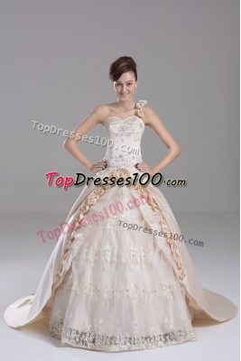 New Arrival Champagne Quinceanera Dress One Shoulder Sleeveless Brush Train Lace Up