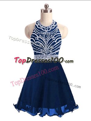 Flirting Navy Blue A-line Chiffon Halter Top Sleeveless Beading Mini Length Lace Up Prom Gown