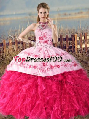 Court Train Ball Gowns Quinceanera Gowns Hot Pink Halter Top Organza Sleeveless Lace Up