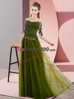 Pretty Olive Green Bateau Neckline Beading and Lace Bridesmaid Dress Half Sleeves Lace Up