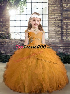 Nice Tulle Straps Sleeveless Lace Up Beading and Ruffles Pageant Dress Womens in Gold