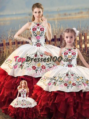 White And Red Halter Top Lace Up Embroidery and Ruffles Vestidos de Quinceanera Sleeveless