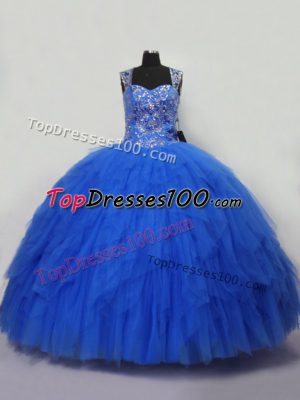 Top Selling Straps Sleeveless Tulle Quinceanera Gown Beading and Ruffles Lace Up