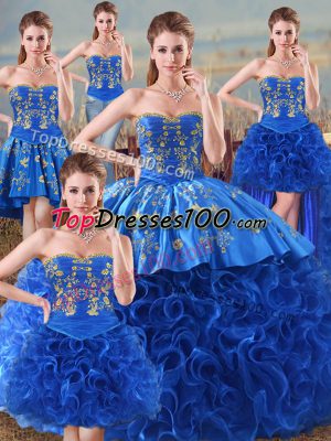 Sleeveless Fabric With Rolling Flowers Floor Length Lace Up Vestidos de Quinceanera in Royal Blue with Embroidery