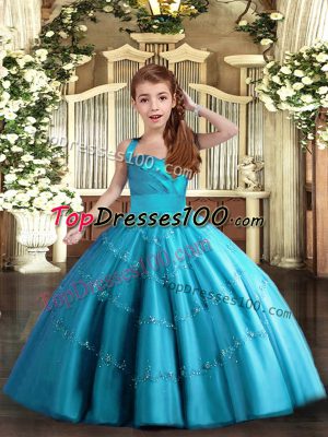 Glorious Ball Gowns Little Girls Pageant Gowns Baby Blue Straps Tulle Sleeveless Floor Length Lace Up