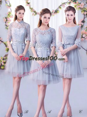 Grey Lace Up Scoop Lace Quinceanera Court Dresses Tulle Half Sleeves
