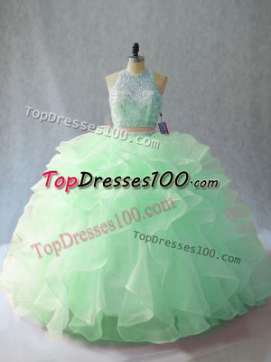 Apple Green Backless Halter Top Beading and Ruffles Quinceanera Gowns Organza Sleeveless Brush Train