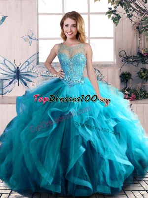 Admirable Tulle Scoop Sleeveless Lace Up Beading and Ruffles Quinceanera Dresses in Aqua Blue