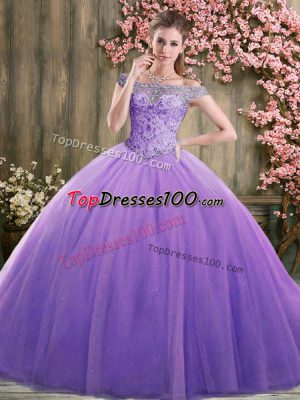 Simple Lavender Ball Gown Prom Dress Sweet 16 and Quinceanera with Beading Off The Shoulder Sleeveless Lace Up